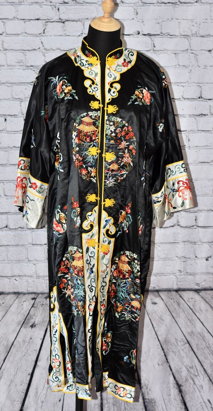 ESME Chinese Silk Asian Black Floral Embroidered Kimono Robe Duster Jacket